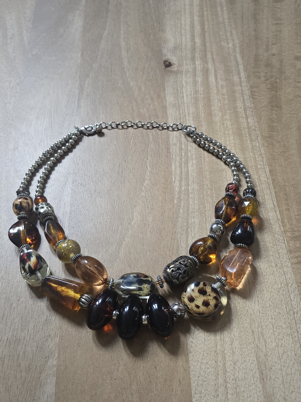 Charming Charlie Amber Resin Bead Leopard Print Statement Necklace 2 Strand Boho